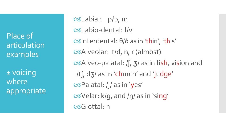 Place of articulation examples ± voicing where appropriate Labial: p/b, m Labio-dental: f/v Interdental: