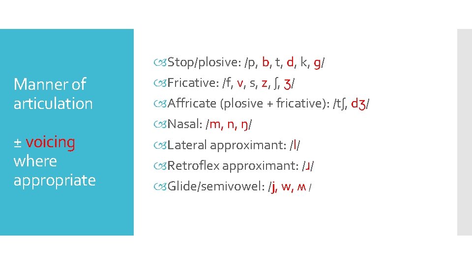 Manner of articulation ± voicing where appropriate Stop/plosive: /p, b, t, d, k, g/