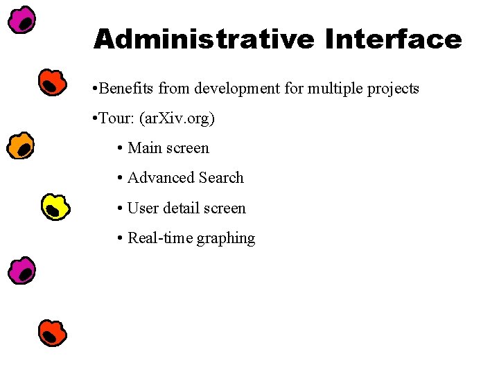 Administrative Interface • Benefits from development for multiple projects • Tour: (ar. Xiv. org)
