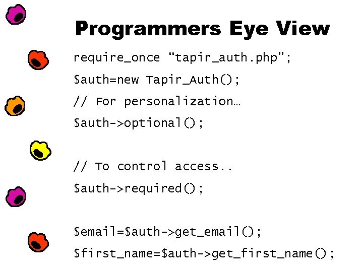 Programmers Eye View require_once “tapir_auth. php”; $auth=new Tapir_Auth(); // For personalization… $auth->optional(); // To