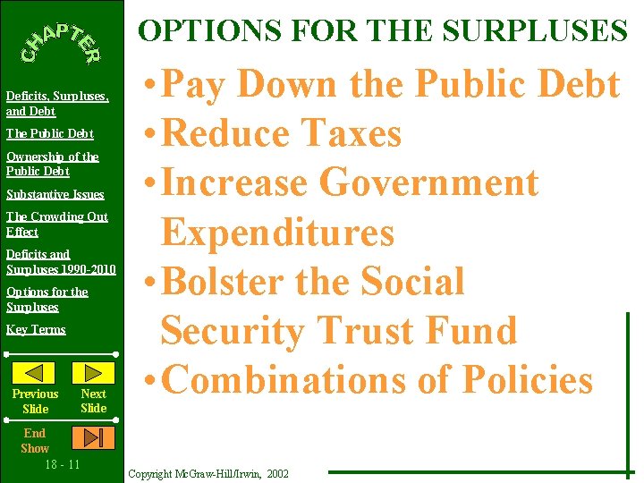 OPTIONS FOR THE SURPLUSES Deficits, Surpluses, and Debt The Public Debt Ownership of the