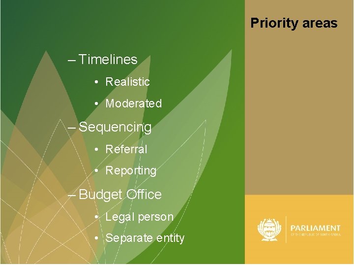 Priority areas – Timelines Background • Realistic • Moderated – Sequencing • Referral •