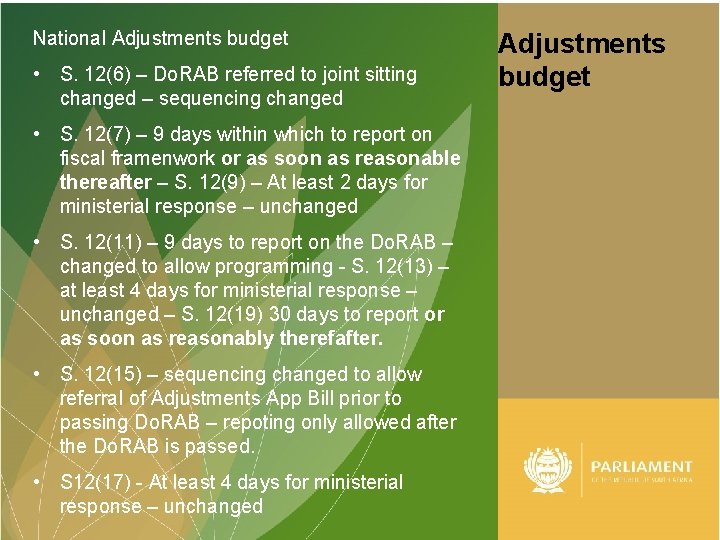 National Adjustments budget • S. 12(6) – Do. RAB referred to joint sitting changed