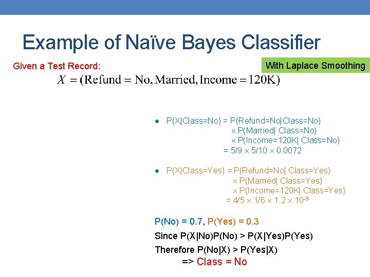 Example of Naïve Bayes Classifier With Laplace Smoothing Given a Test Record: l P(X|Class=No)