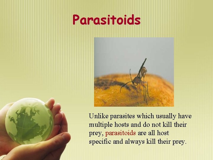 Parasitoids Unlike parasites which usually have multiple hosts and do not kill their prey,