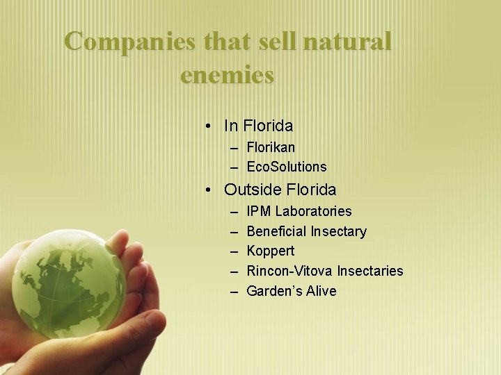 Companies that sell natural enemies • In Florida – Florikan – Eco. Solutions •