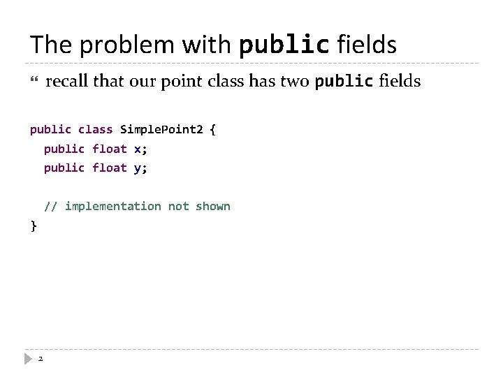 The problem with public fields recall that our point class has two public fields