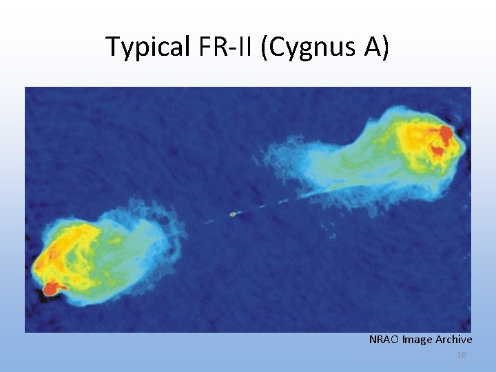 Typical FR-II (Cygnus A) NRAO Image Archive 10 