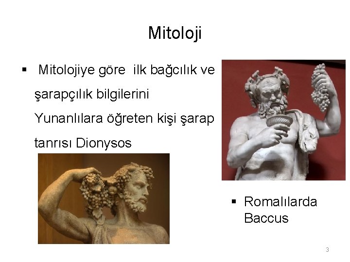 Mitoloji § Mitolojiye göre ilk bağcılık ve şarapçılık bilgilerini Yunanlılara öğreten kişi şarap tanrısı