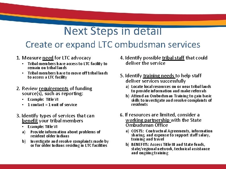 Next Steps in detail Create or expand LTC ombudsman services 1. Measure need for