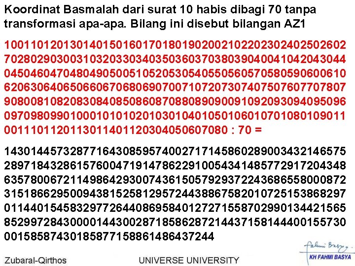 Koordinat Basmalah dari surat 10 habis dibagi 70 tanpa transformasi apa-apa. Bilang ini disebut