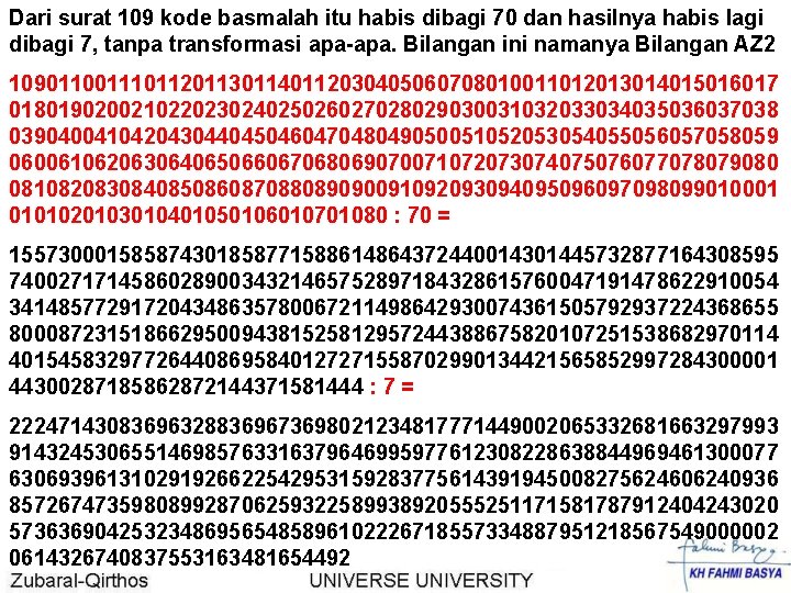 Dari surat 109 kode basmalah itu habis dibagi 70 dan hasilnya habis lagi dibagi