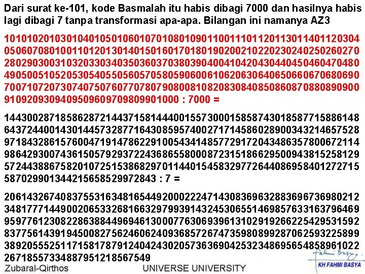 Dari surat ke-101, kode Basmalah itu habis dibagi 7000 dan hasilnya habis lagi dibagi
