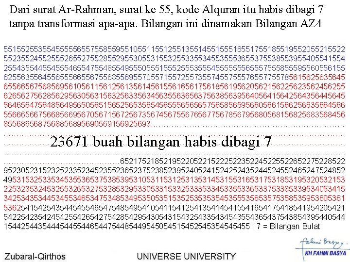 Dari surat Ar-Rahman, surat ke 55, kode Alquran itu habis dibagi 7 tanpa transformasi