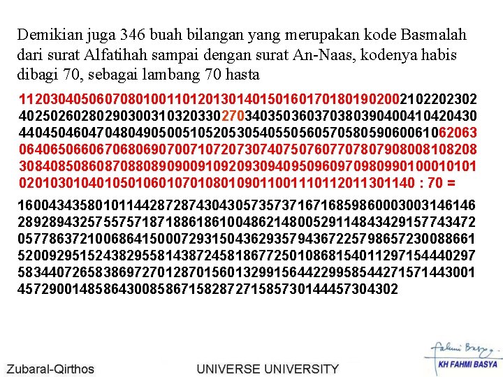 Demikian juga 346 buah bilangan yang merupakan kode Basmalah dari surat Alfatihah sampai dengan