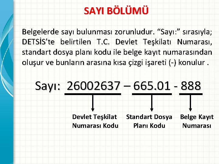 SAYI BÖLÜMÜ Belgelerde sayı bulunması zorunludur. “Sayı: ” sırasıyla; DETSİS’te belirtilen T. C. Devlet