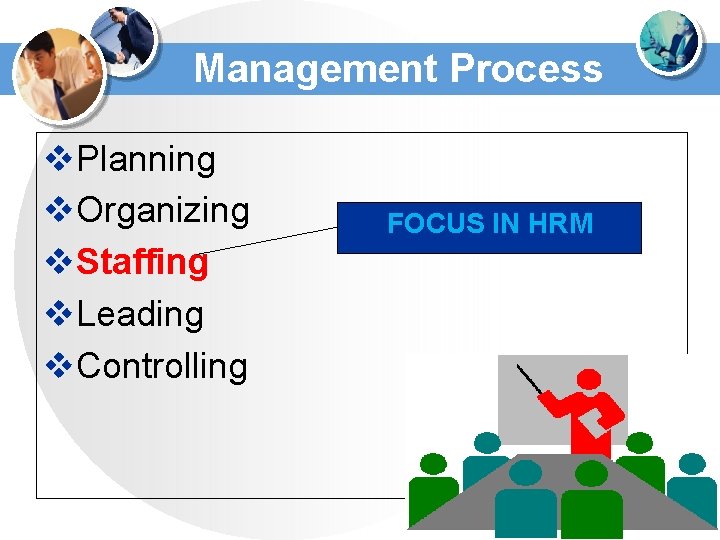 Management Process v. Planning v. Organizing v. Staffing v. Leading v. Controlling FOCUS IN