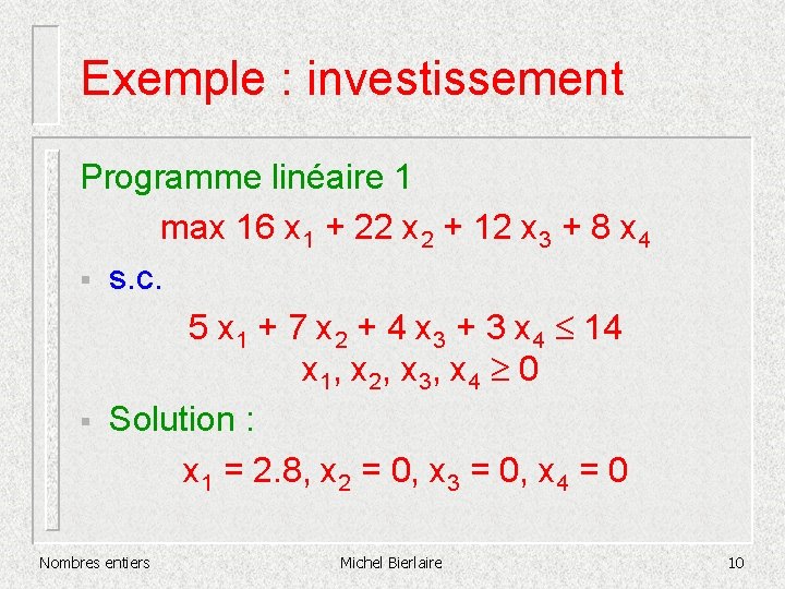 Exemple : investissement Programme linéaire 1 max 16 x 1 + 22 x 2