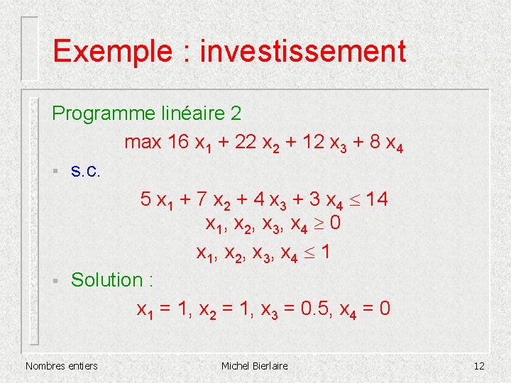 Exemple : investissement Programme linéaire 2 max 16 x 1 + 22 x 2