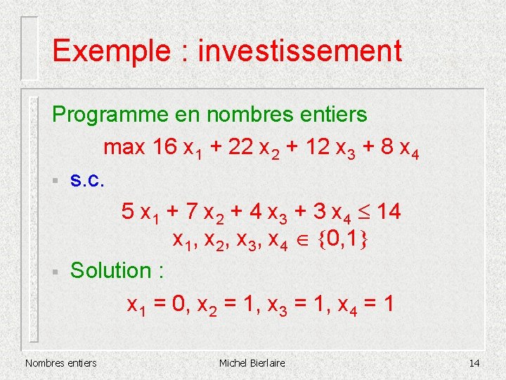 Exemple : investissement Programme en nombres entiers max 16 x 1 + 22 x