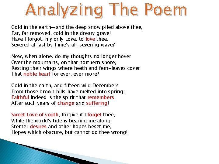 Analyzing The Poem Cold in the earth—and the deep snow piled above thee, Far,