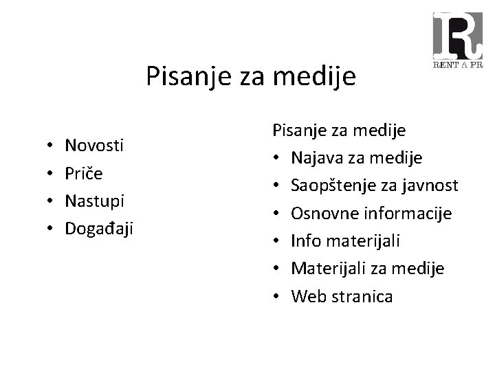 Pisanje za medije • • Novosti Priče Nastupi Događaji Pisanje za medije • Najava