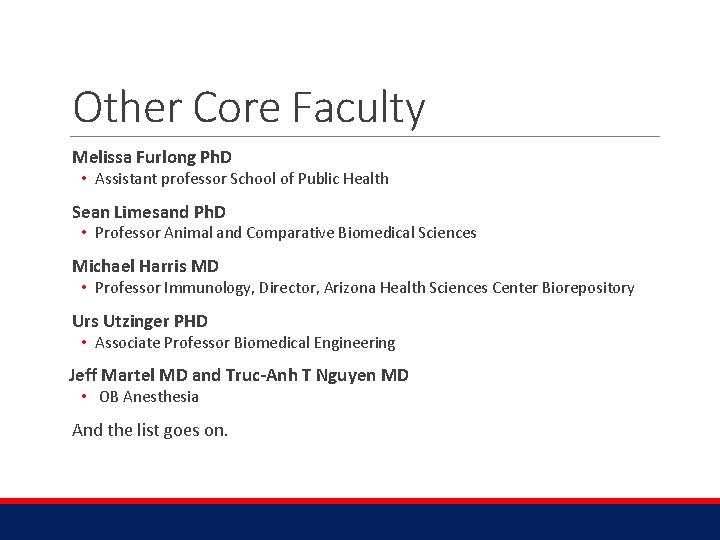 Other Core Faculty Melissa Furlong Ph. D • Assistant professor School of Public Health