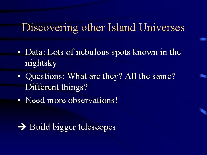 Discovering other Island Universes • Data: Lots of nebulous spots known in the nightsky