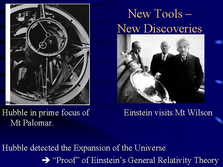 New Tools – New Discoveries Hubble in prime focus of Mt Palomar. Einstein visits