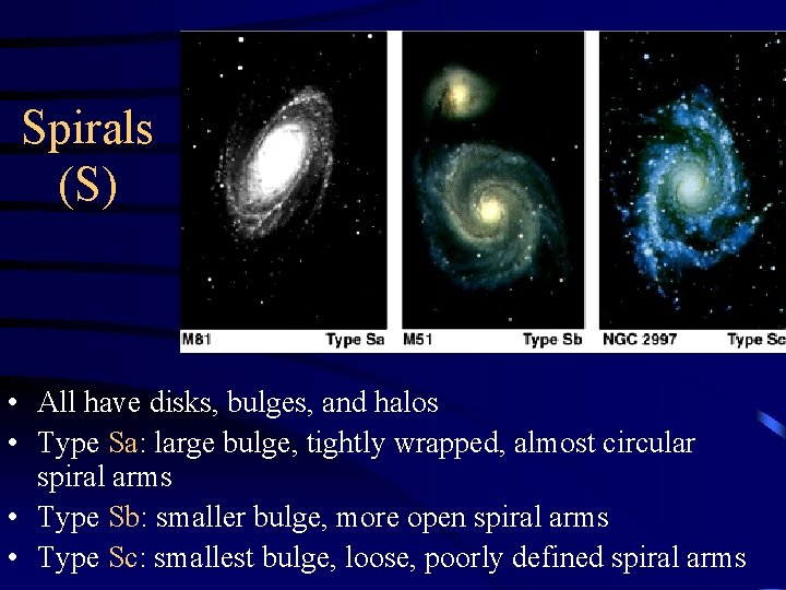 Spirals (S) • All have disks, bulges, and halos • Type Sa: large bulge,