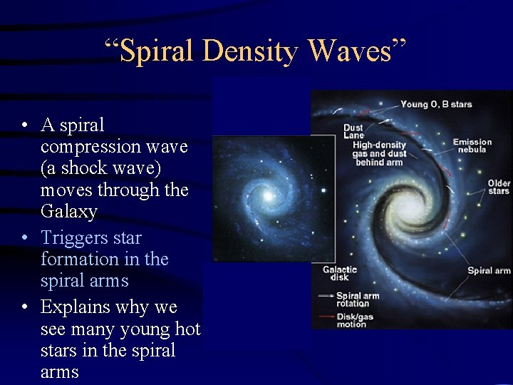 “Spiral Density Waves” • A spiral compression wave (a shock wave) moves through the