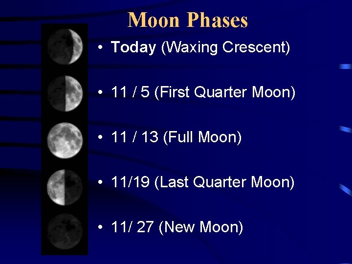 Moon Phases • Today (Waxing Crescent) • 11 / 5 (First Quarter Moon) •