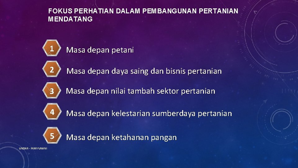 FOKUS PERHATIAN DALAM PEMBANGUNAN PERTANIAN MENDATANG UNDAR - MARYUNANI 1 Masa depan petani 2