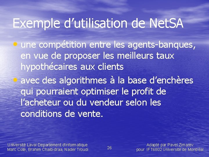 Exemple d’utilisation de Net. SA • une compétition entre les agents-banques, en vue de