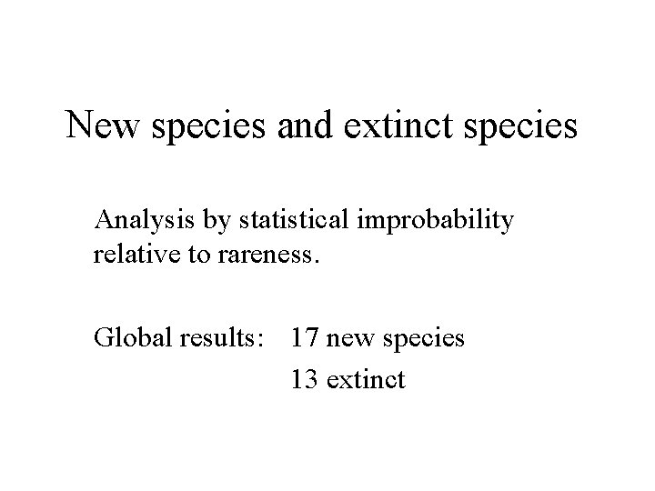 New species and extinct species Analysis by statistical improbability relative to rareness. Global results:
