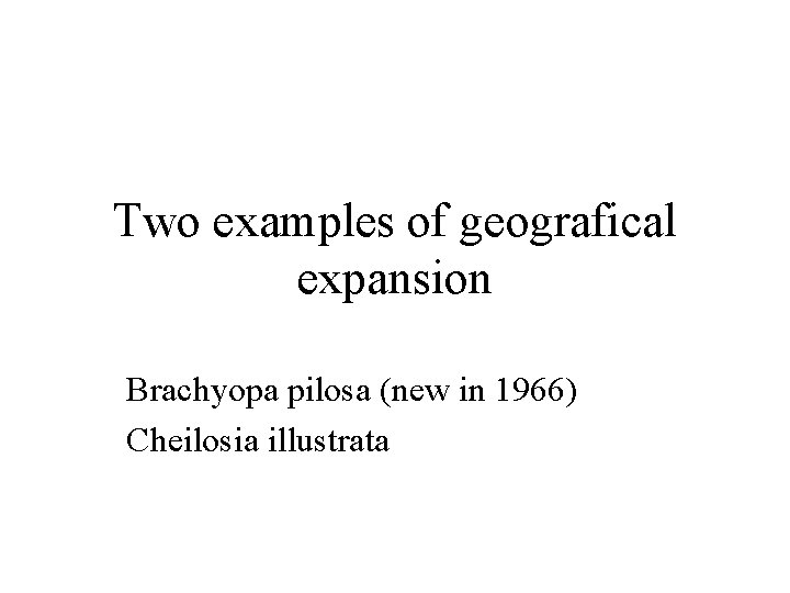 Two examples of geografical expansion Brachyopa pilosa (new in 1966) Cheilosia illustrata 