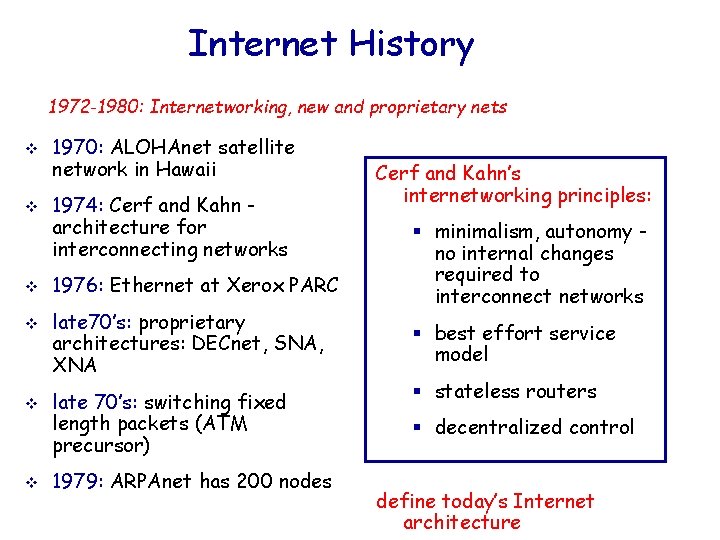 Internet History 1972 -1980: Internetworking, new and proprietary nets v v v 1970: ALOHAnet