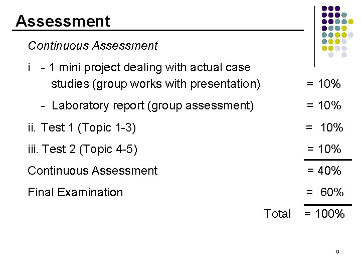 Assessment Continuous Assessment i - 1 mini project dealing with actual case studies (group