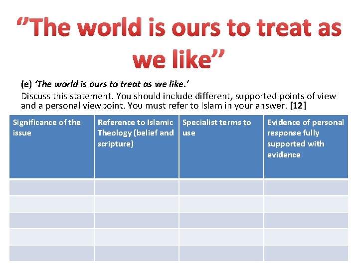 ‘’The world is ours to treat as we like’’ (e) ‘The world is ours