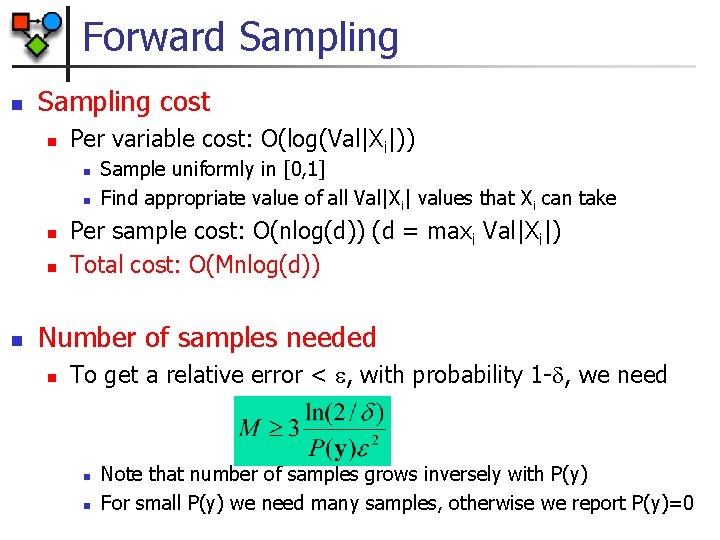 Forward Sampling n Sampling cost n Per variable cost: O(log(Val|Xi|)) n n n Sample