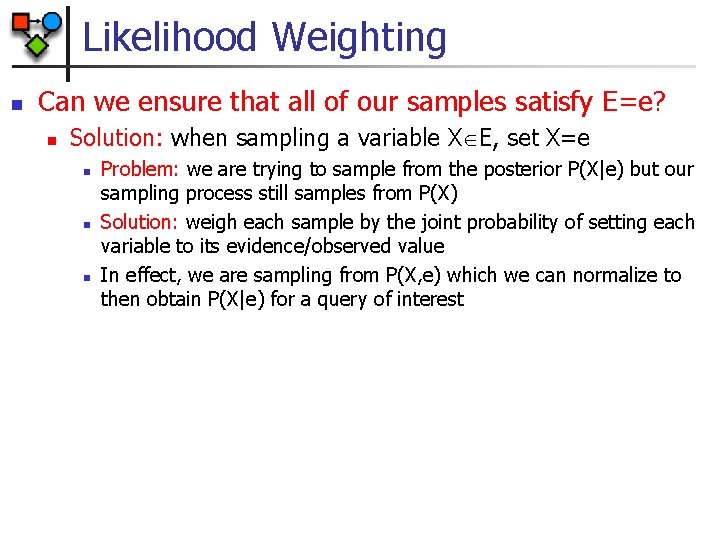 Likelihood Weighting n Can we ensure that all of our samples satisfy E=e? n