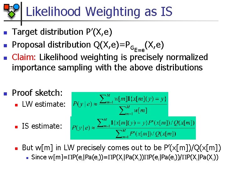 Likelihood Weighting as IS n n Target distribution P’(X, e) Proposal distribution Q(X, e)=PGE=e(X,