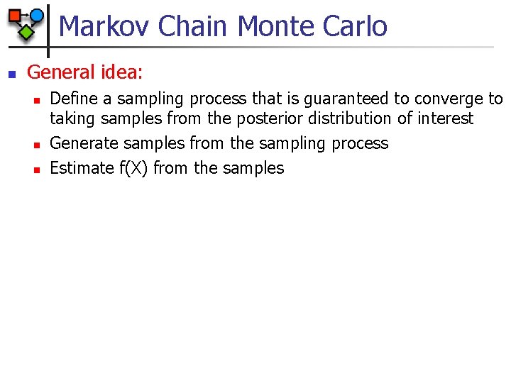 Markov Chain Monte Carlo n General idea: n n n Define a sampling process