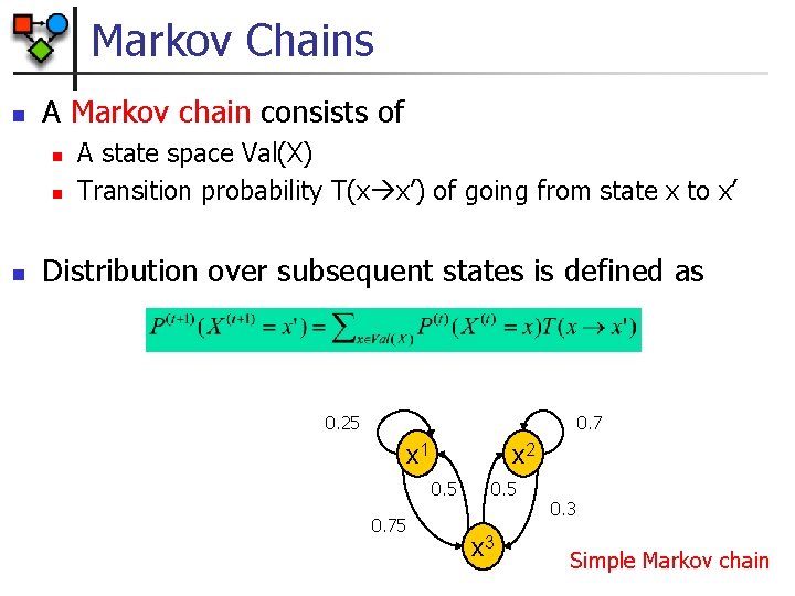 Markov Chains n A Markov chain consists of n n n A state space