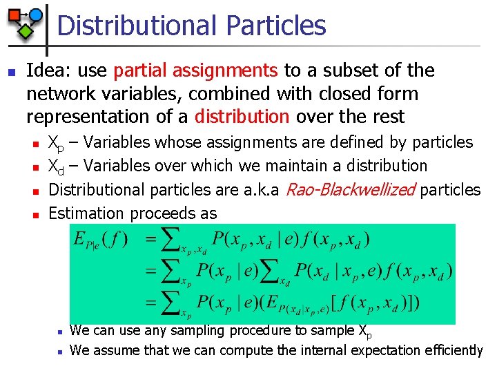 Distributional Particles n Idea: use partial assignments to a subset of the network variables,