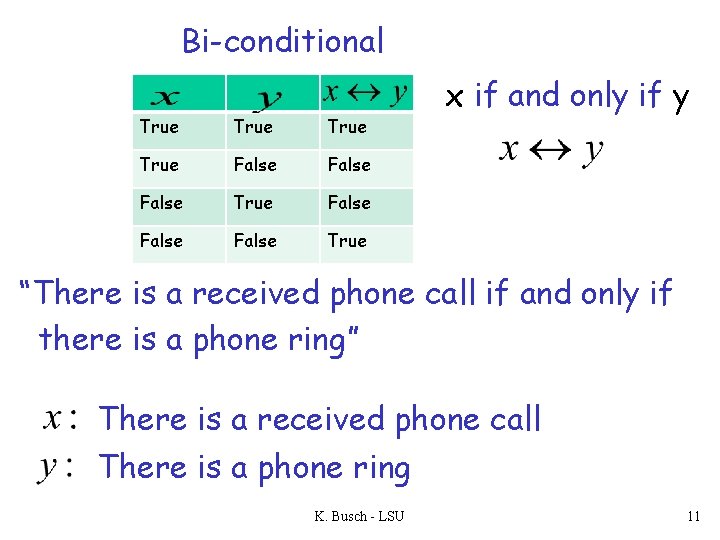 Bi-conditional True False False True x if and only if y “There is a