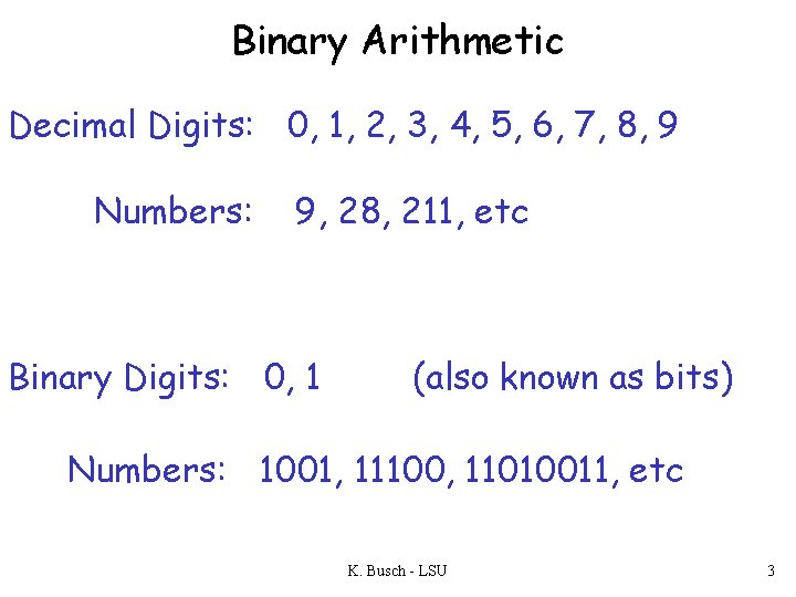 Binary Arithmetic Decimal Digits: 0, 1, 2, 3, 4, 5, 6, 7, 8, 9