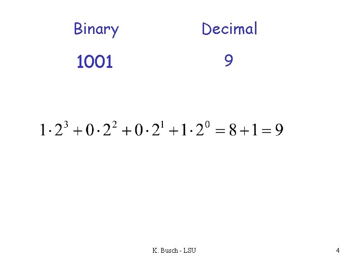 Binary Decimal 1001 9 K. Busch - LSU 4 