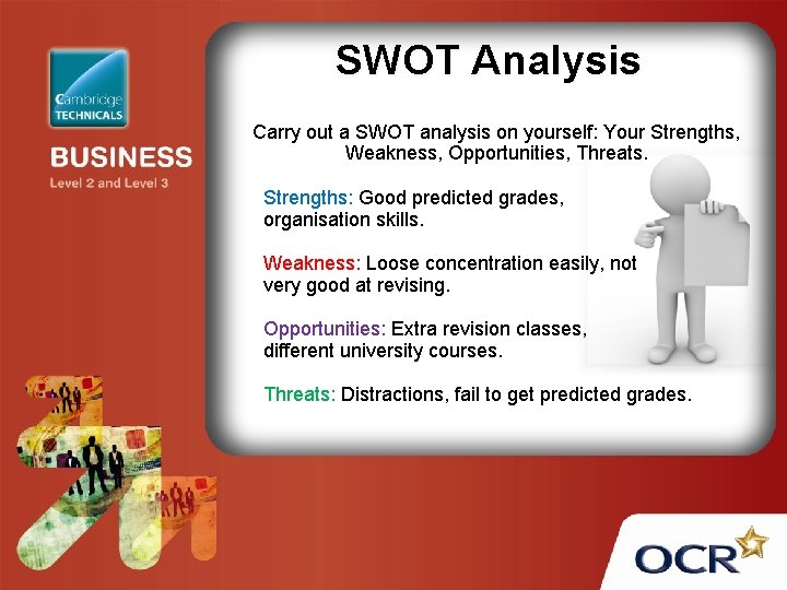 SWOT Analysis Carry out a SWOT analysis on yourself: Your Strengths, Weakness, Opportunities, Threats.