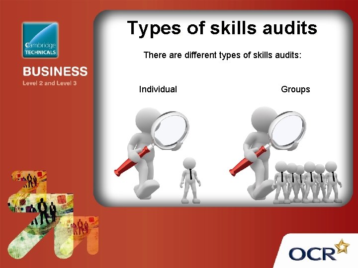 Types of skills audits There are different types of skills audits: Individual Groups 
